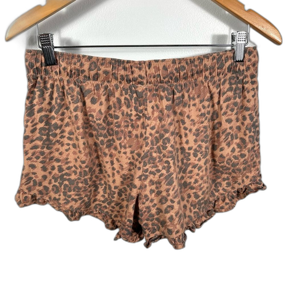 Aerie Brown Leopard Print Ruffle Trim Pajama Flannel Boxer Shorts Size Medium - Picture 5 of 16